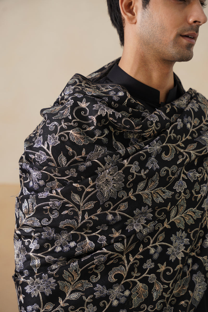 Black Aari-Embroidered Floral Jaal Shawl