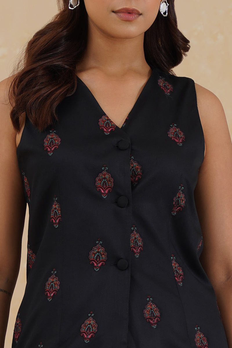 Black Embroidered Waist Coat Set- Inchingindia