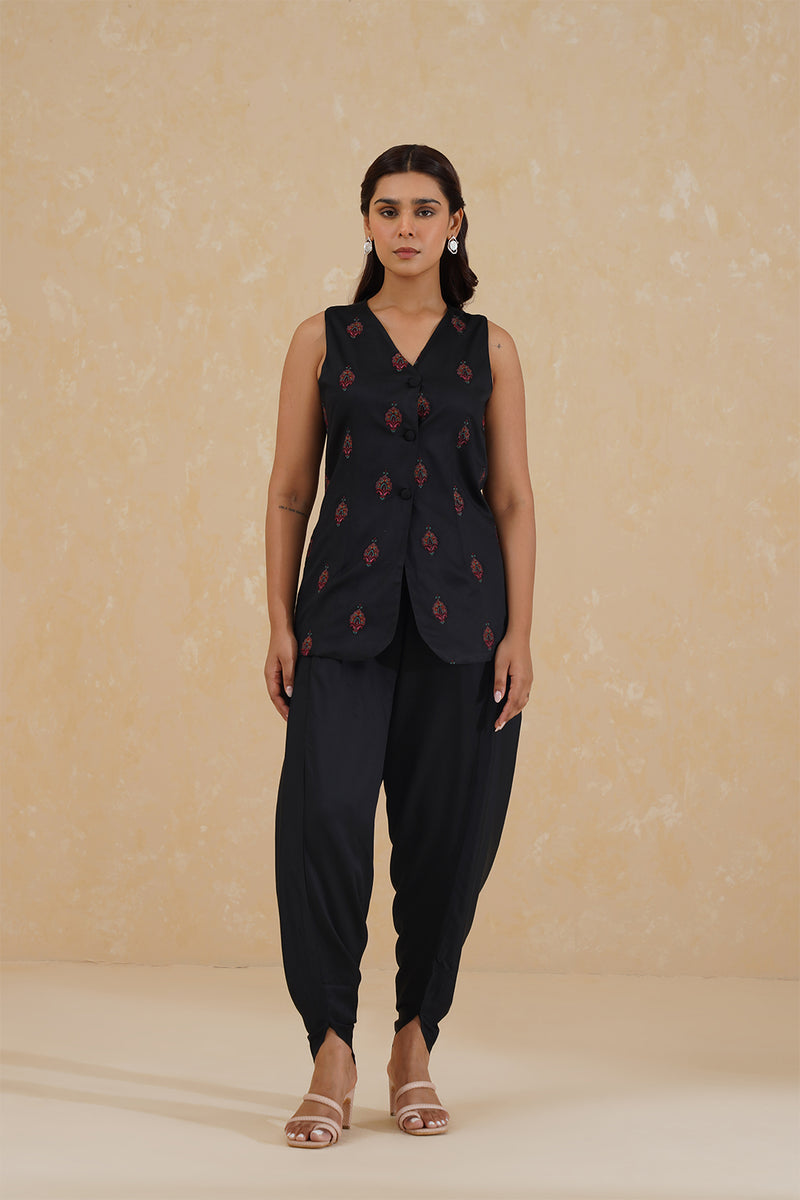 Black Waist Coat Set with Dhoti Pants For Women