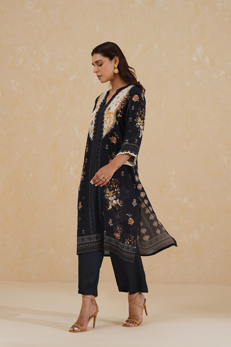 Floral Print Black Suit with Contrast Dupatta 