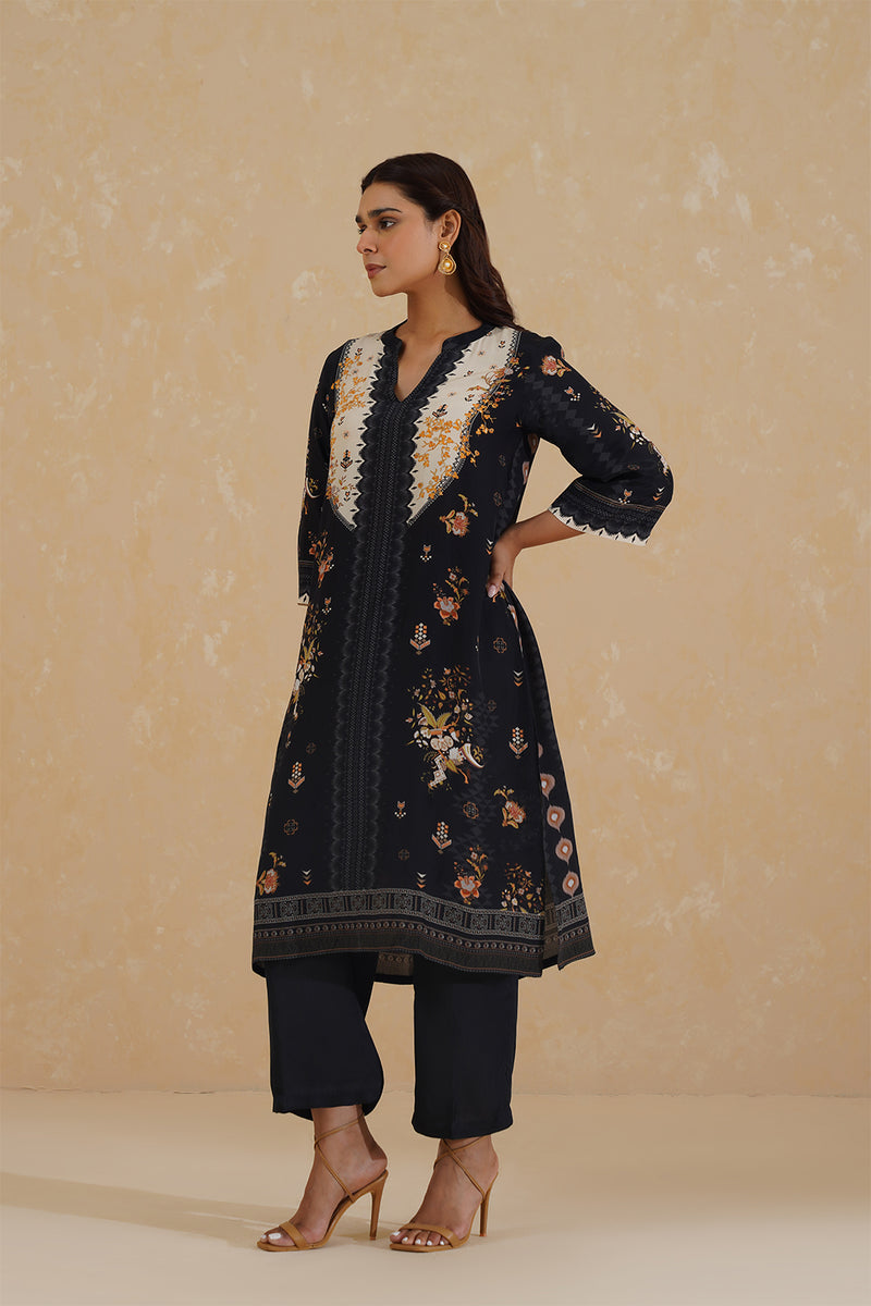 Floral Print Black Suit with Contrast Dupatta 