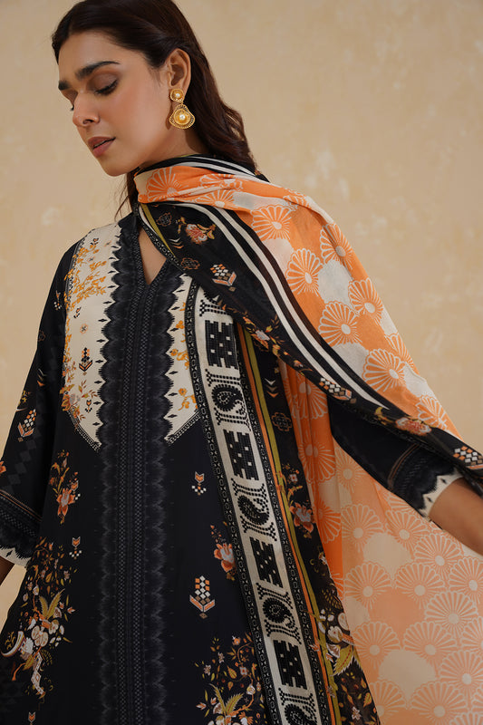 Floral Print Black Suit with Contrast Dupatta 