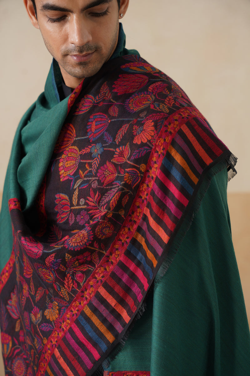 Emerald–Navy Reversible Floral-Border stole