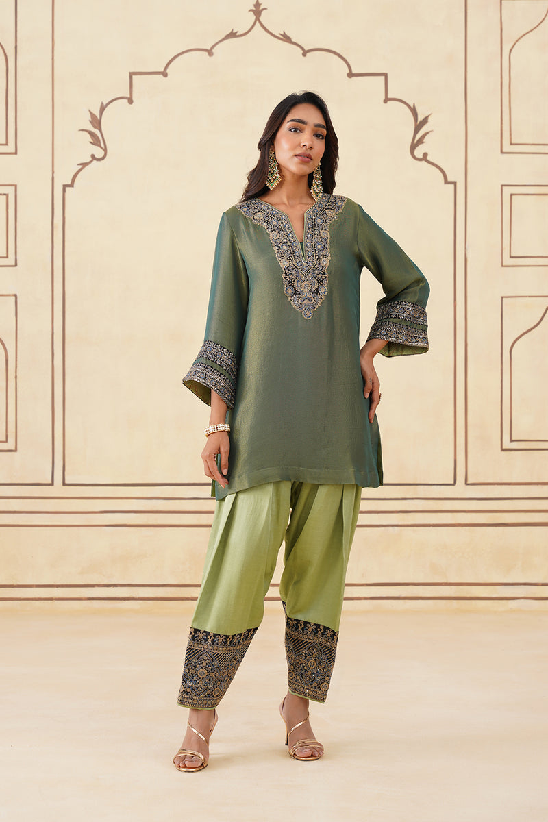 Green Crush Tissue Hand Embroidered Set with Organza Dupatta-Inching India 