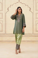 Green Crush Tissue Hand Embroidered Set with Organza Dupatta-Inching India 