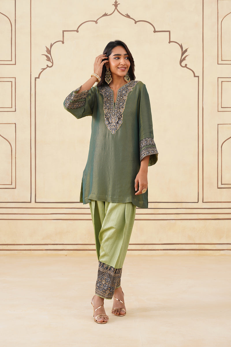 Green Crush Tissue Hand Embroidered Set with Organza Dupatta-Inching India 