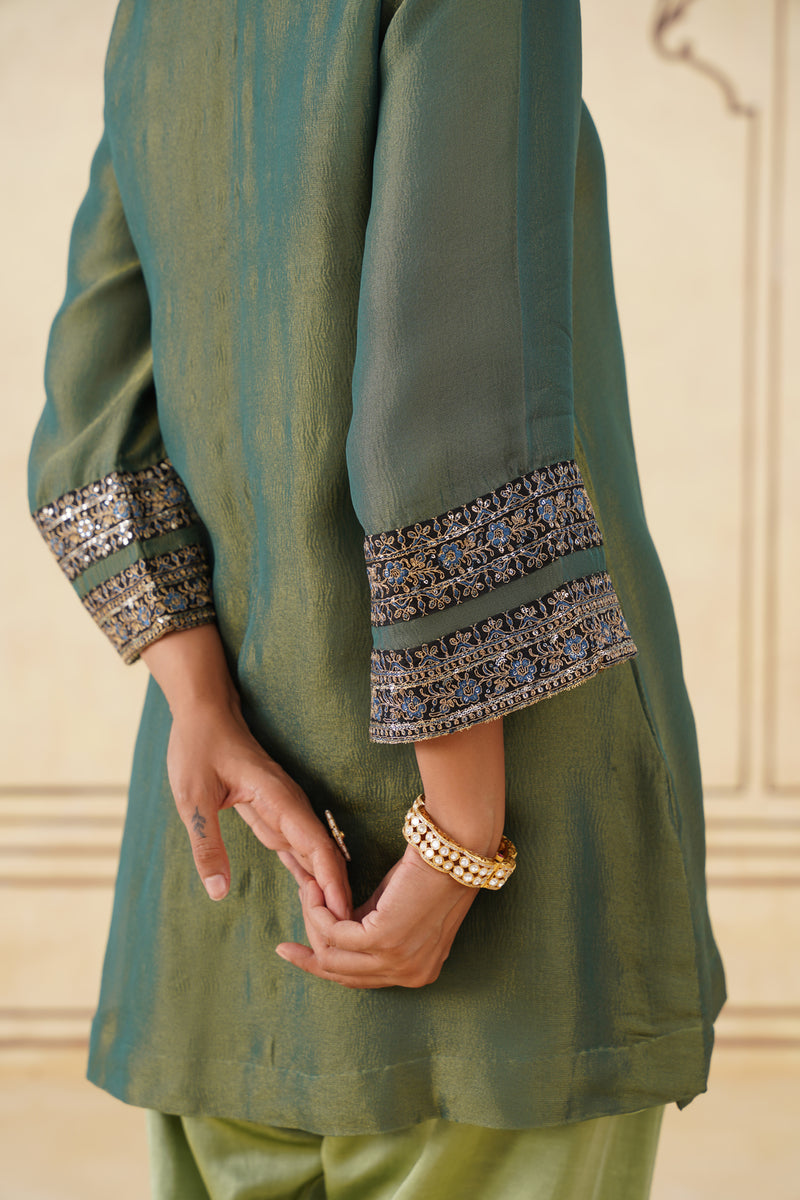 Green Crush Tissue Hand Embroidered Set with Organza Dupatta-Inching India 