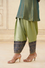 Green Crush Tissue Hand Embroidered Set with Organza Dupatta-Inching India 