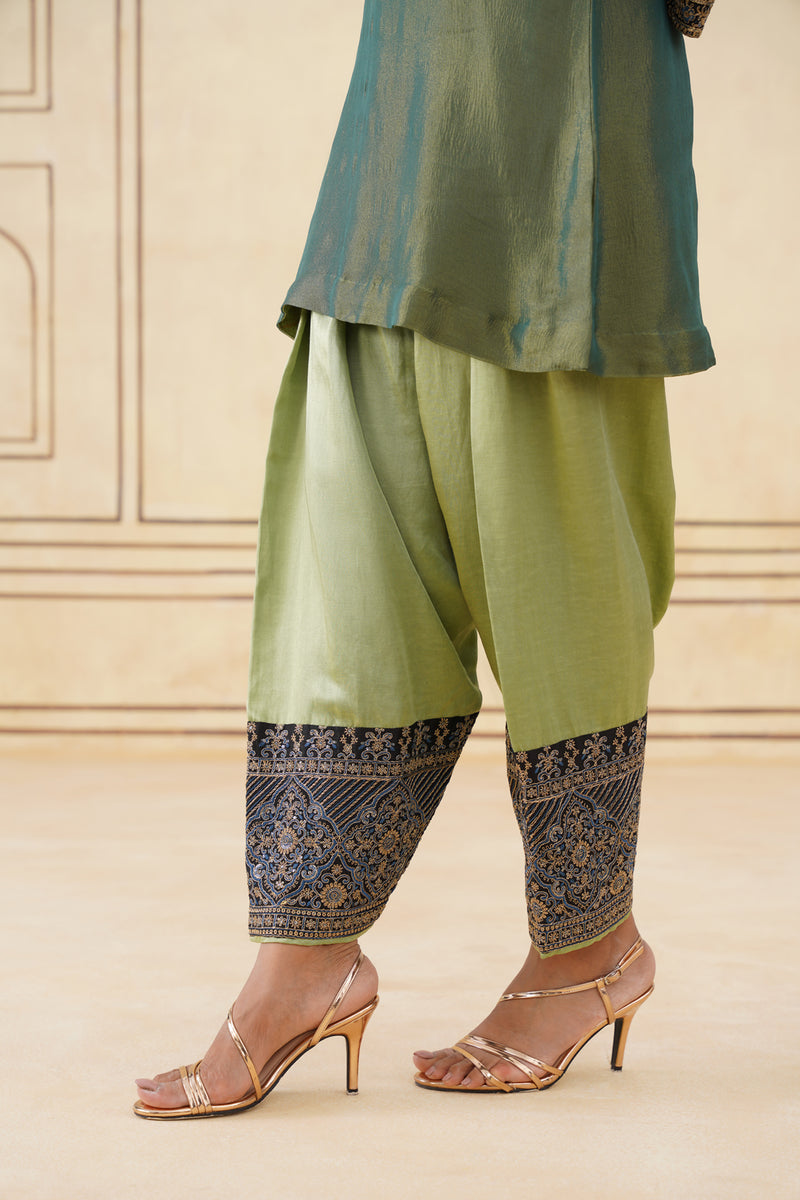 Green Crush Tissue Hand Embroidered Set with Organza Dupatta-Inching India 