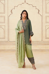Green Crush Tissue Hand Embroidered Set with Organza Dupatta-Inching India 