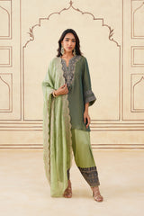 Green Crush Tissue Hand Embroidered Set with Organza Dupatta-Inching India 