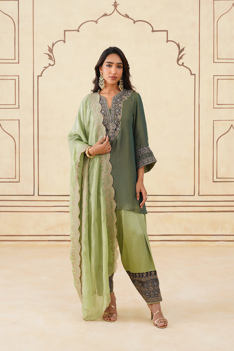 Green Crush Tissue Hand Embroidered Set with Organza Dupatta-Inching India 
