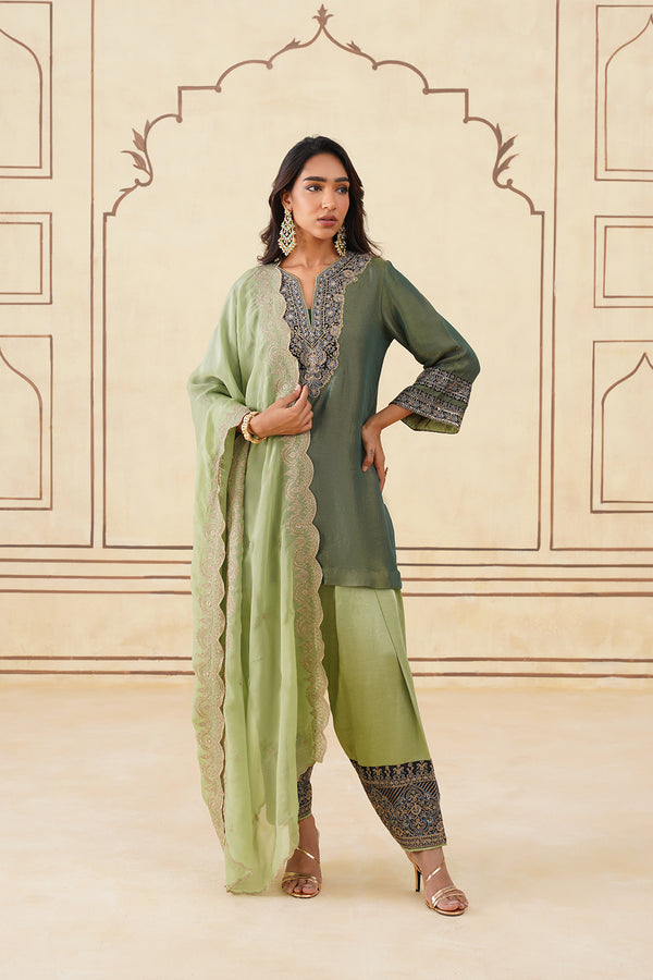 Green Crush Tissue Hand Embroidered Set with Organza Dupatta-Inching India 