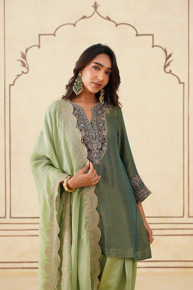 Green Crush Tissue Hand Embroidered Set with Organza Dupatta-Inching India 