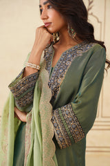 Green Crush Tissue Hand Embroidered Set with Organza Dupatta-Inching India 