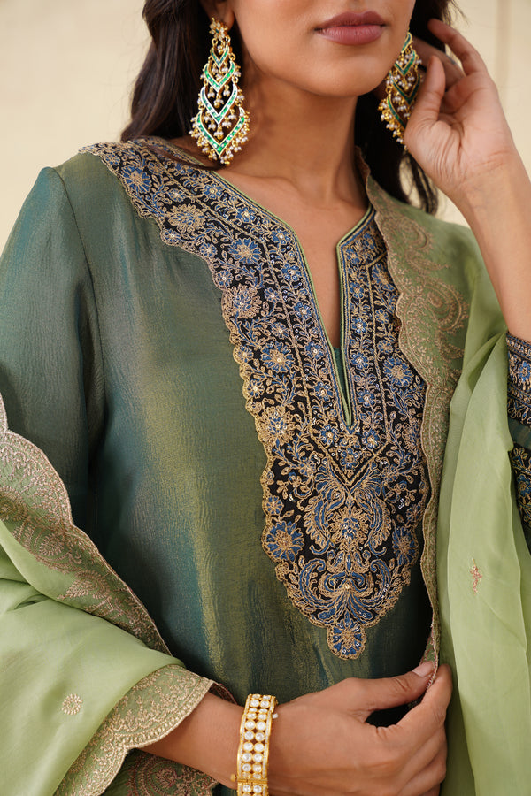 Green Crush Tissue Hand Embroidered Set with Organza Dupatta-Inching India 