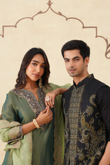 Green Crush Tissue Hand Embroidered Set with Organza Dupatta-Inching India 