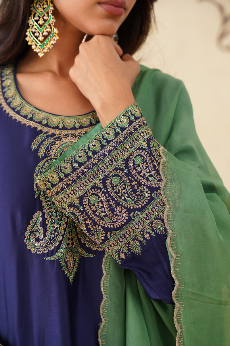 Navy Blue Embroidered Set with Green Organza Dupatta