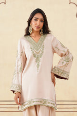 Old Lace Embroidered Set with Green Organza Dupatta