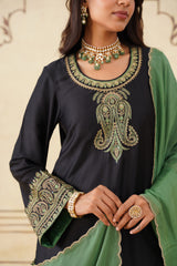 Black Embroidered Set with Green Organza Dupatta-Inching India 