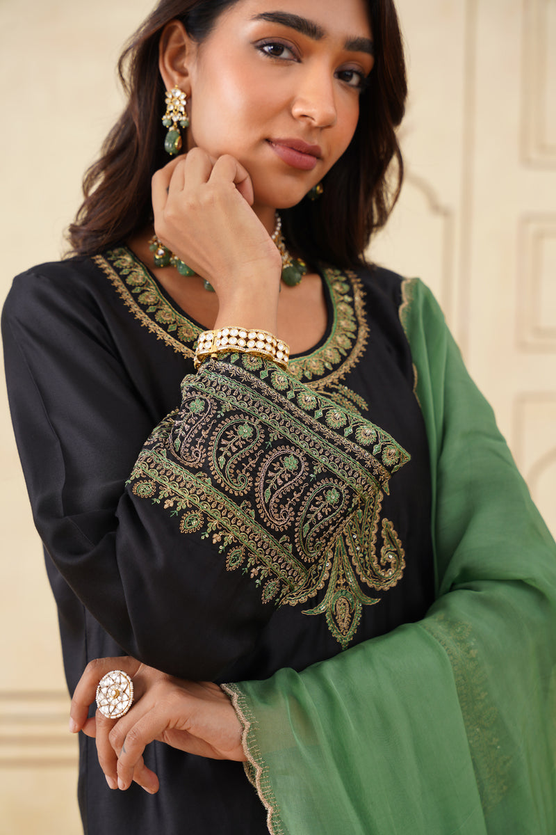 Black Embroidered Set with Green Organza Dupatta-Inching India 