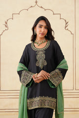 Black Embroidered Set with Green Organza Dupatta-Inching India 