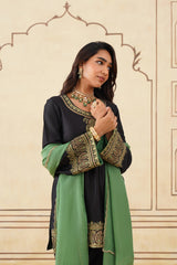 Black Embroidered Set with Green Organza Dupatta-Inching India 