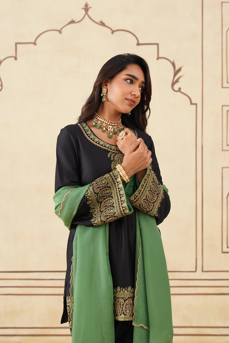 Black Embroidered Set with Green Organza Dupatta-Inching India 