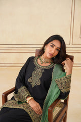 Black Embroidered Set with Green Organza Dupatta-Inching India 