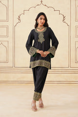 Black Embroidered Set with Green Organza Dupatta-Inching India 