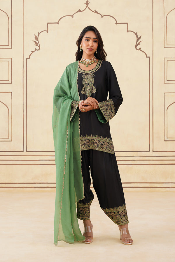Black Embroidered Set with Green Organza Dupatta-Inching India 