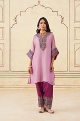 Pink Crush Tissue Hand Embroidered Set with Organza Dupatta-Inching India