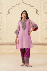 Pink Crush Tissue Hand Embroidered Set with Organza Dupatta-Inching India