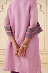 Pink Crush Tissue Hand Embroidered Set with Organza Dupatta-Inching India