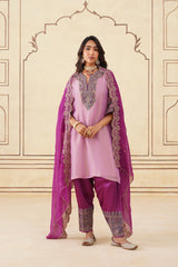 Pink Crush Tissue Hand Embroidered Set with Organza Dupatta-Inching India