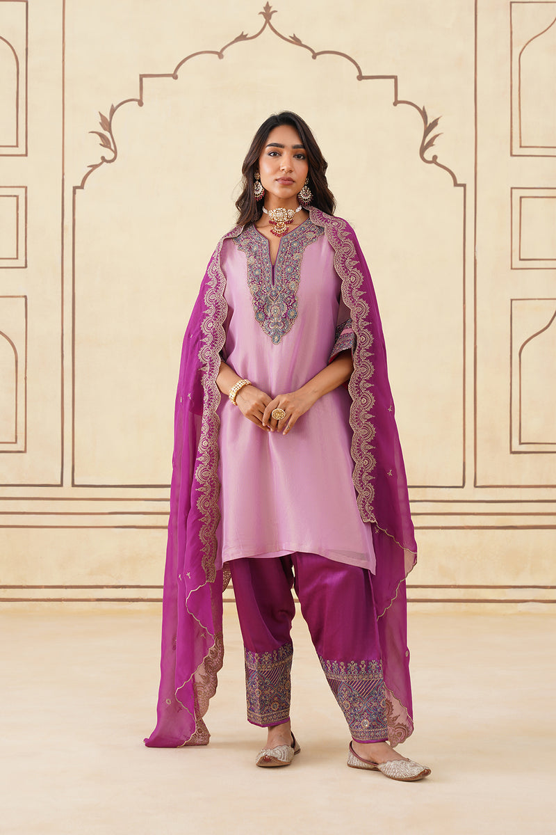 Pink Crush Tissue Hand Embroidered Set with Organza Dupatta-Inching India