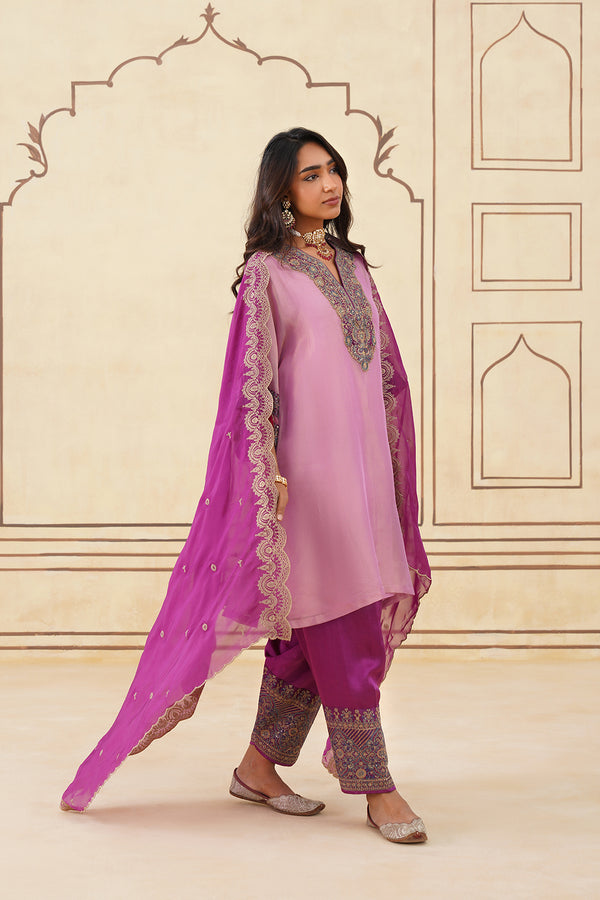 Pink Crush Tissue Hand Embroidered Set with Organza Dupatta-Inching India