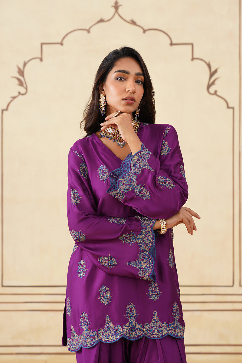 Meher Wine Embroidered Farshi Set with Dupatta-Inching India