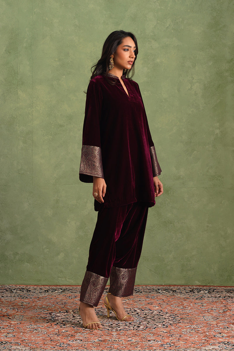 Wine Velvet Suit with Ikkat Woven Dupatta