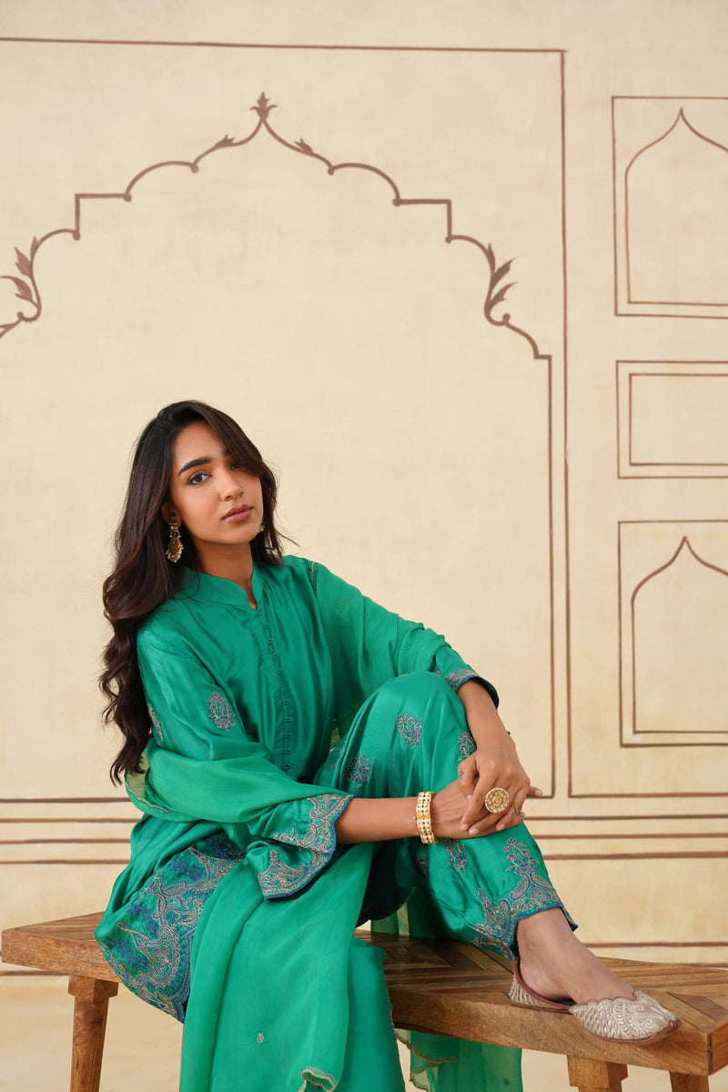 Meher Emerald Green Embroidered Set with Dupatta