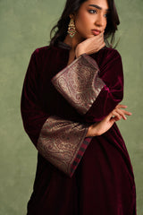 Wine Velvet Suit with Ikkat Woven Dupatta