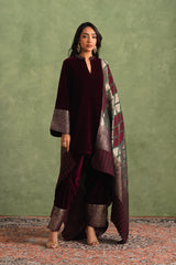 Wine Velvet Suit with Ikkat Woven Dupatta