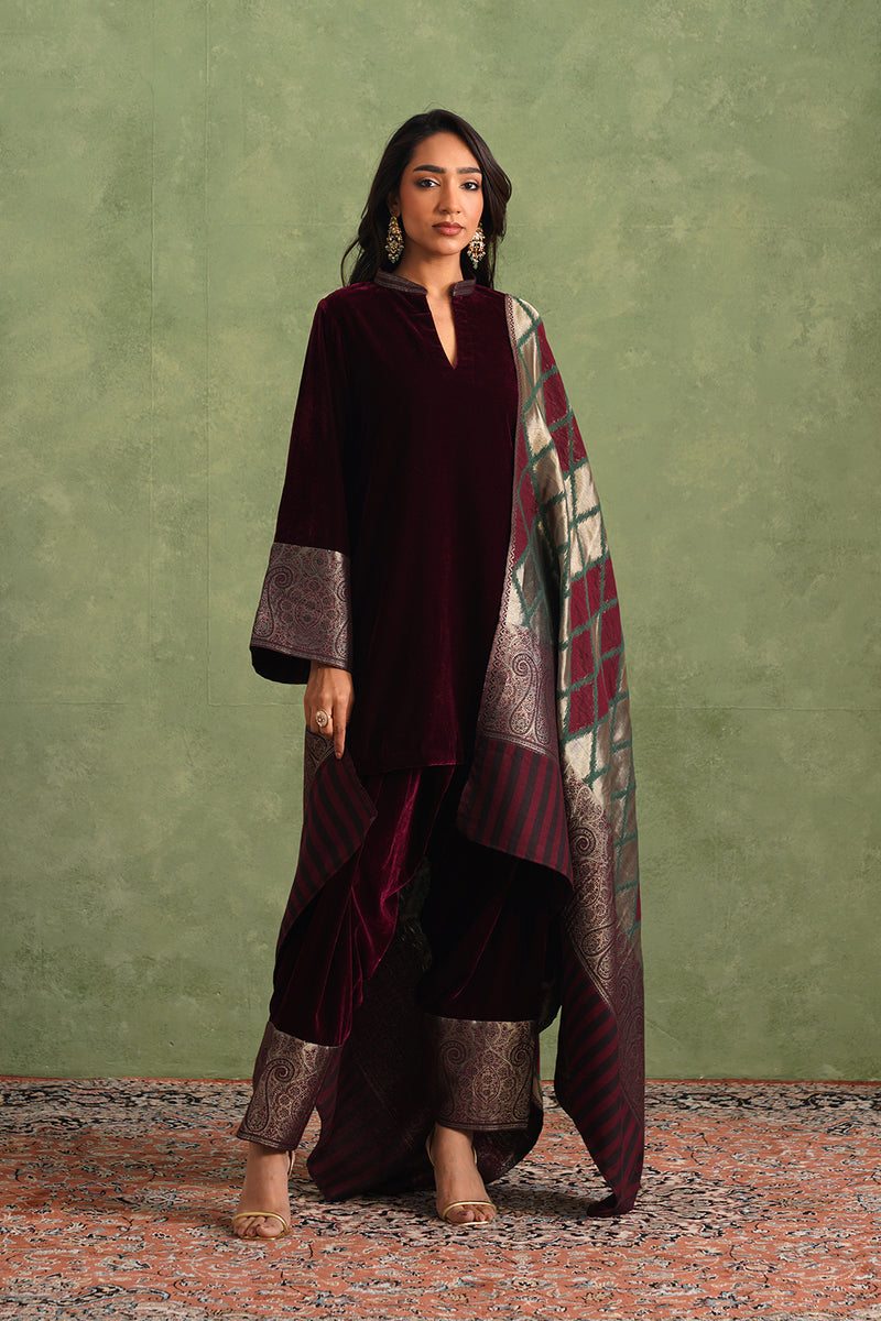 Wine Velvet Suit with Ikkat Woven Dupatta