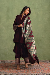 Wine Velvet Suit with Ikkat Woven Dupatta