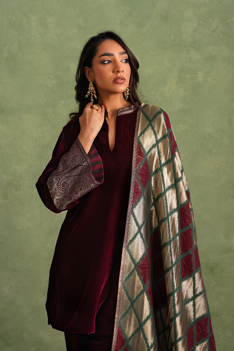 Wine Velvet Suit with Ikkat Woven Dupatta