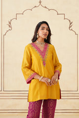 Yellow Hand Embroidered Chanderi Shirt with Brocade Pants-Inching India