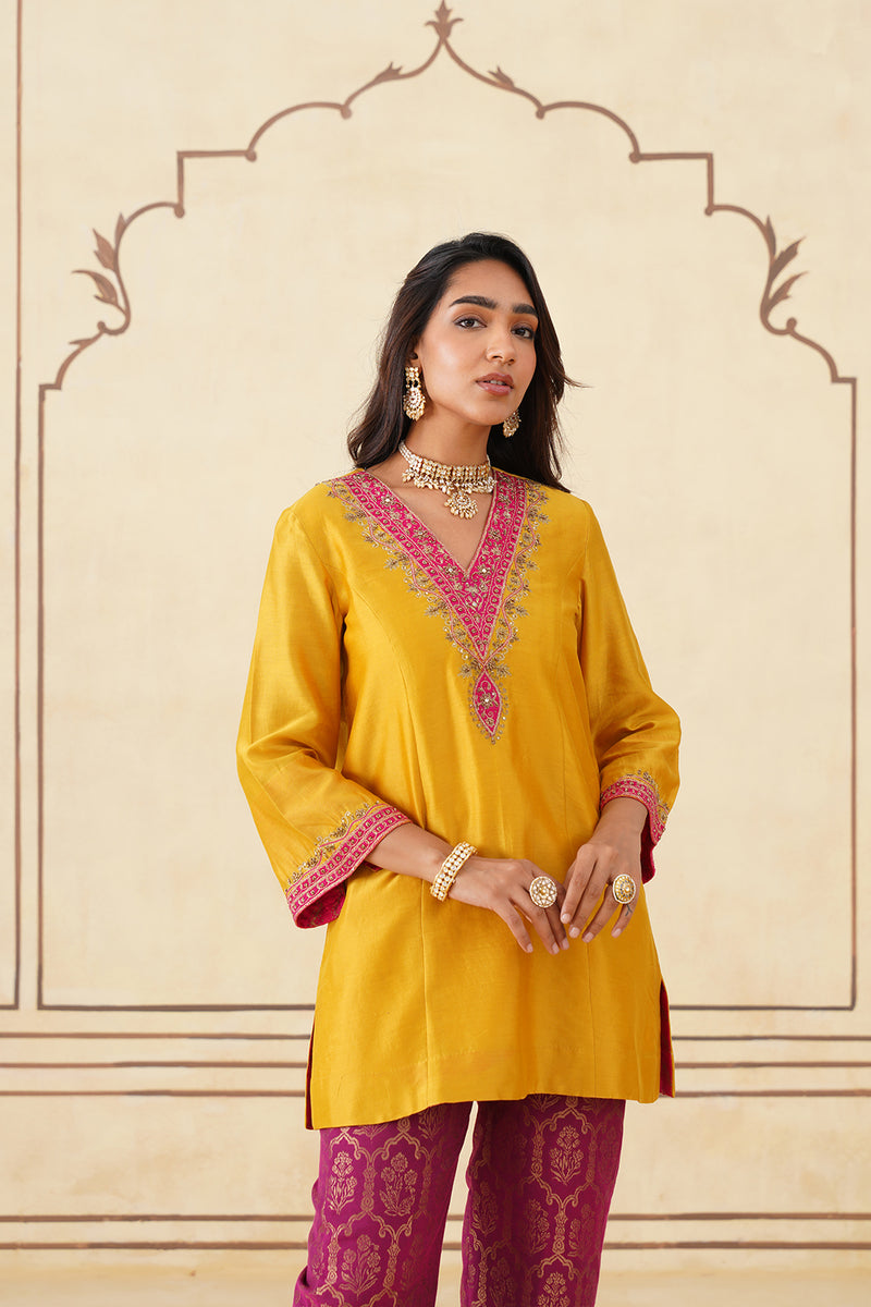 Yellow Hand Embroidered Chanderi Shirt with Brocade Pants-Inching India