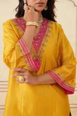 Yellow Hand Embroidered Chanderi Shirt with Brocade Pants-Inching India