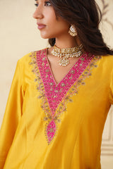 Yellow Hand Embroidered Chanderi Shirt with Brocade Pants-Inching India