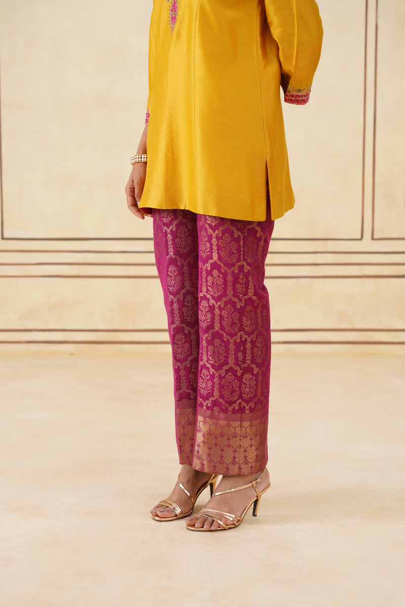 Yellow Hand Embroidered Chanderi Shirt with Brocade Pants-Inching India